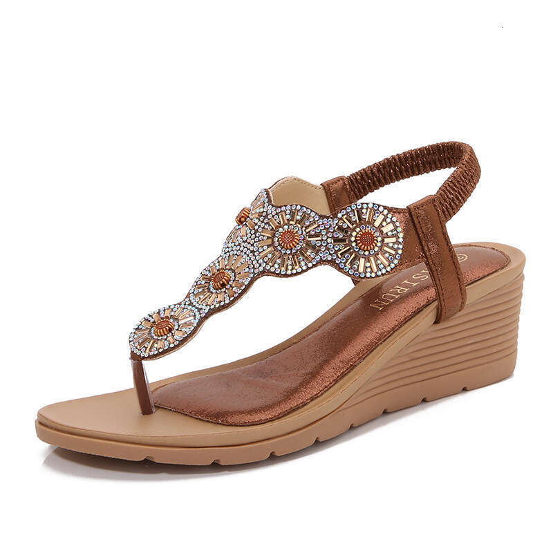 2025 Spring New Bohemian Round Toe Wedge for Women with Rhinestones Large Size Women's Sandals