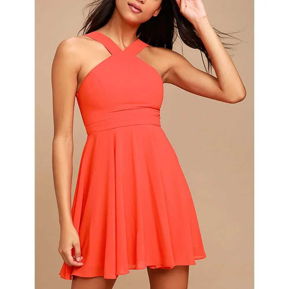 Women Sleeveless Backless Sexy Club Mini Dress 2024 Summer Party Strappy Back Zipper Solid Shift Halter Short Dresses XJ250610