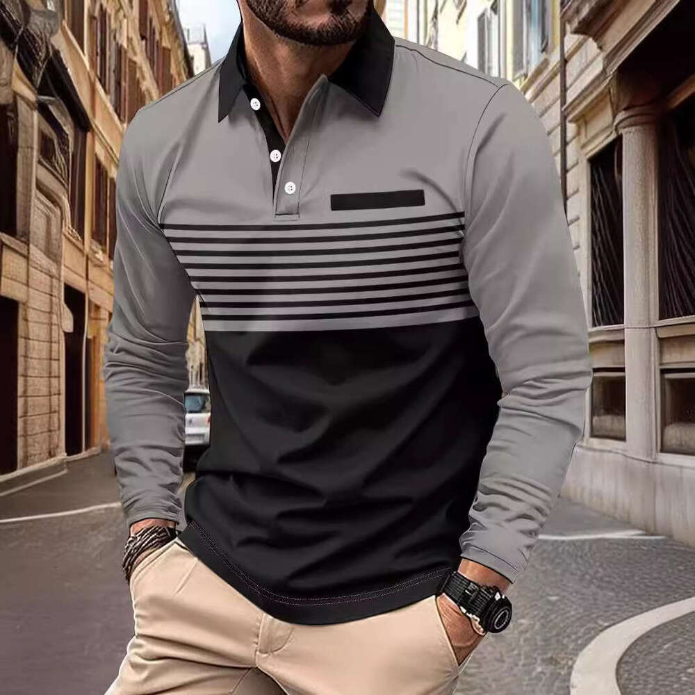 Autumn New Men's T-Shirt Casual Striped Turn-Down Collar Long Sleeve Polo Shirt B5