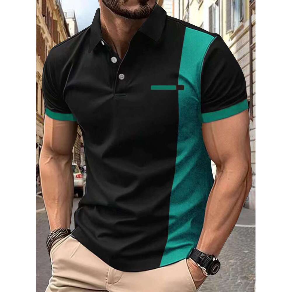 Ins Men's Summer Collar Striped Print Short Sleeve Polo Sports Shirt B5