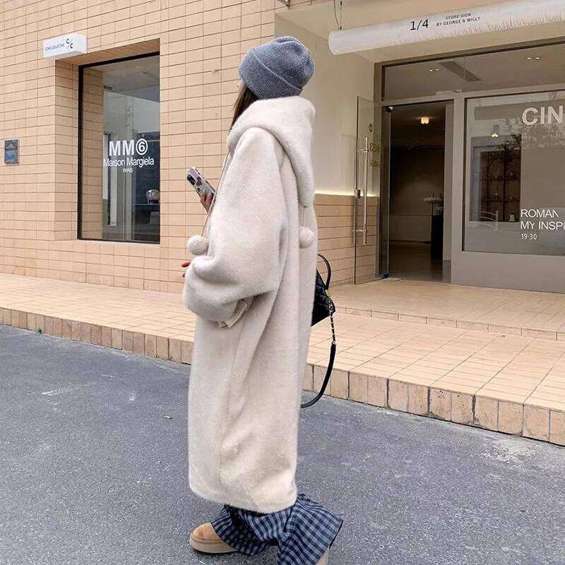Fall Winter Hooded Mink Plush Jacket Women Overcoat Loose Long Wool Imitation Fur Eco-Friendly Thick Warm Parker Coat