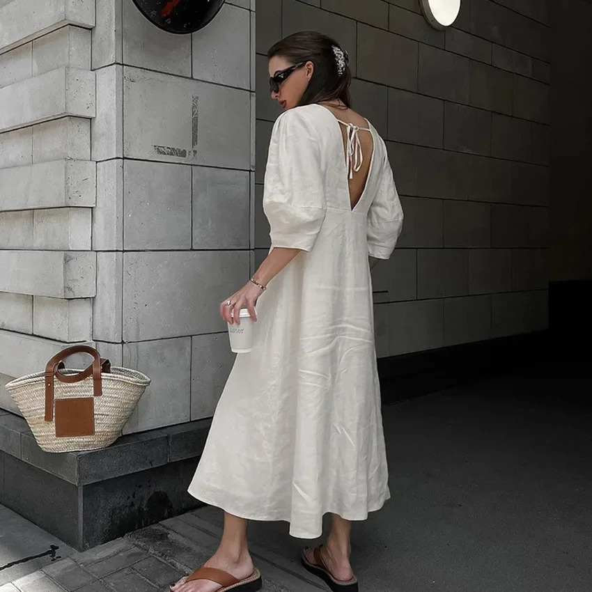 Retro Cotton Linen WomenS Summer Dress Sexy V-Neck Puff Sleeve Long Maxi Birthday Graduation Dresses Beach Sundress Robe Femmes 250606