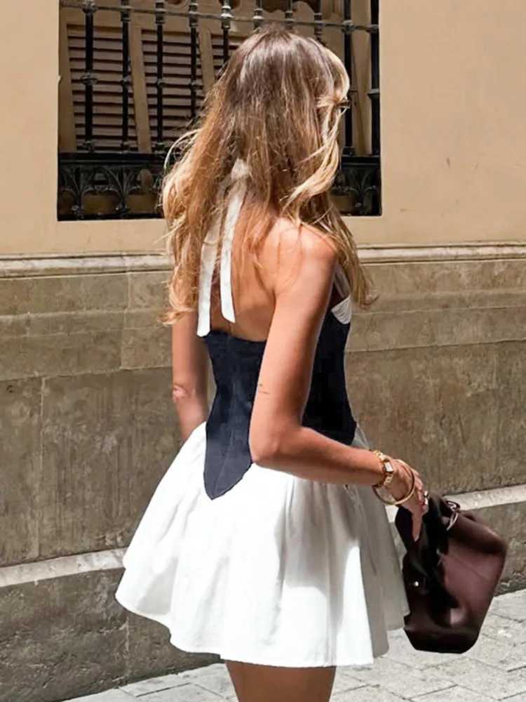 Blifanbo Deep V-neck Halter Sexy Mini Dress For Women Off-shoulder Sleeveless Patchwork Lace-up Backless A-line Club Party Dress XJ250610