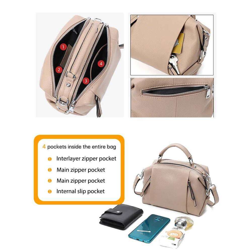 Zency Women's Genuine Leather Simple High Quality Tote Small Vintage Boston Handbag Female Shoulder Crossbody Ladies Bag