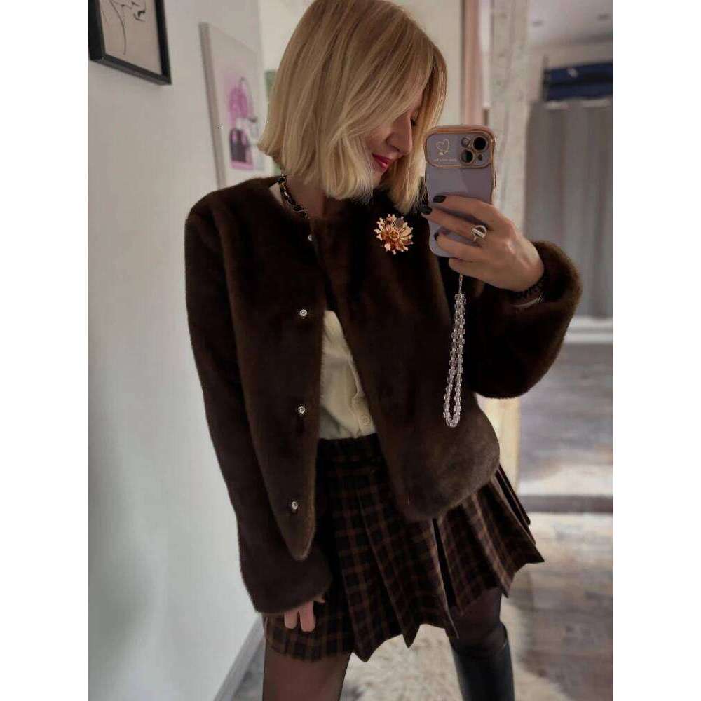 ZBZA Women's Fashion Brooch Jacket Vintage Simple O-Neck Long Sleeve Faux Fur Cardigan Winter New Female Chic Outerwear
