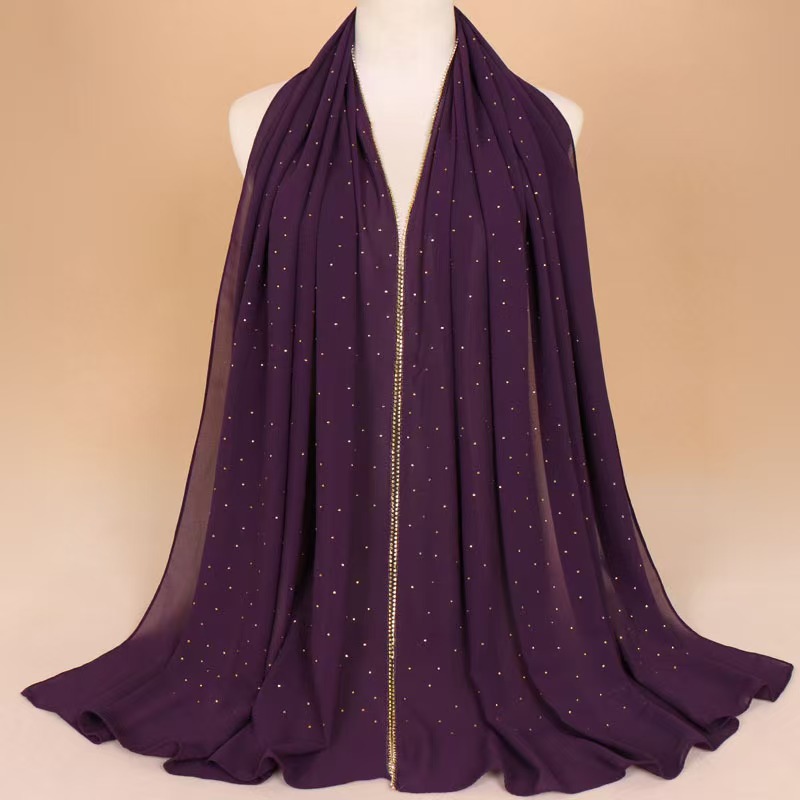 T933 chain scarf women's solid color pearl chiffon hot diamond scarf long scarf shawl