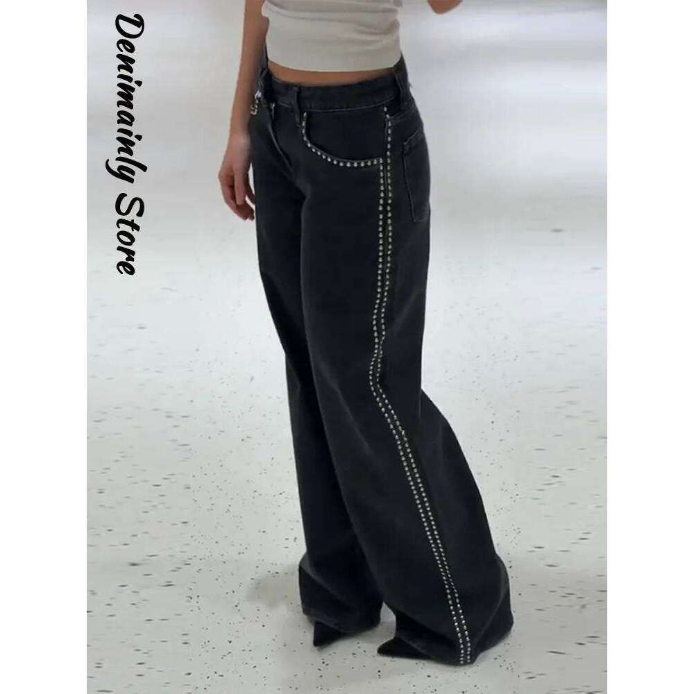 Punk Pant Edge Rivet Women's Jeans Black Denim Y2k Straight Mopping Pants 2025 New All Match Loose Casual Woman Trousers