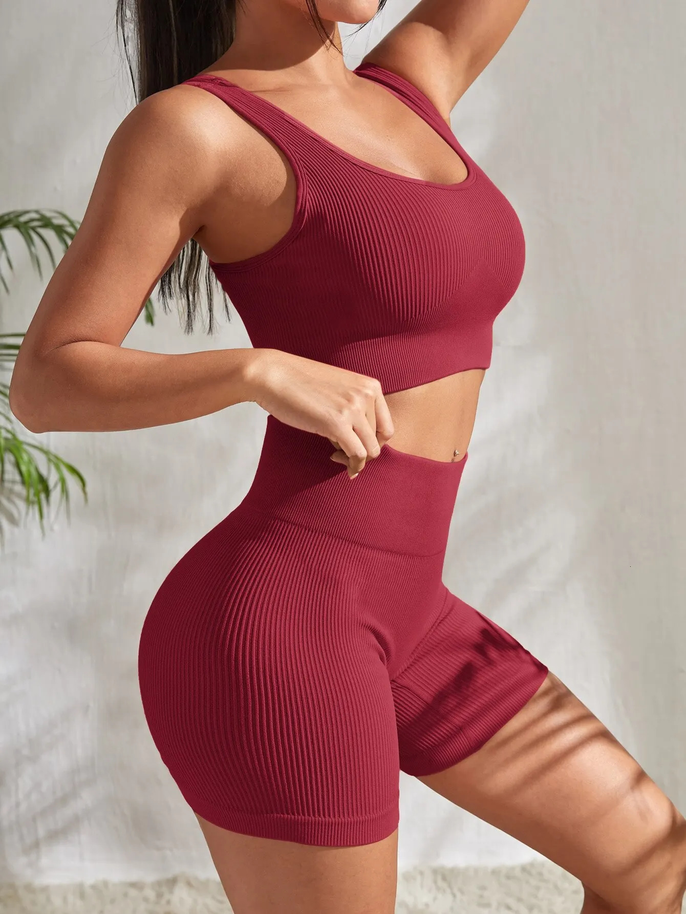 Seamless Ribbed Yoga Sets Workout Sets for Women 2 Pieces Gym Suits Ribbed Crop Tank High Waist Shorts Outfits Fitness Running 250609