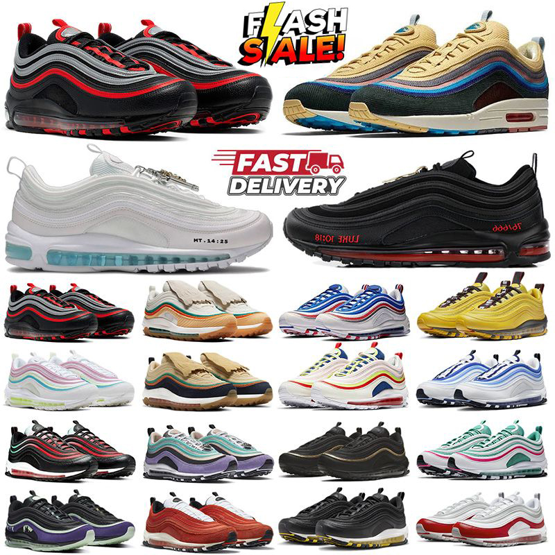Designer 97 97s Sports Shoes Trainers Jesus Satan Futura Triple Black White silver Cream Olive Volt Crucifix Bred Sail Aurora Green Gym Mens Women Running Sneakers H8