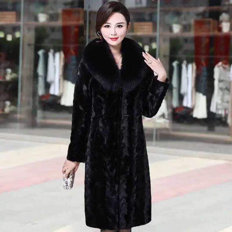 Women's Winter Warm Black with Mink Mid-length Fox Fur Collar Coat Plus Size Thick and Elegant