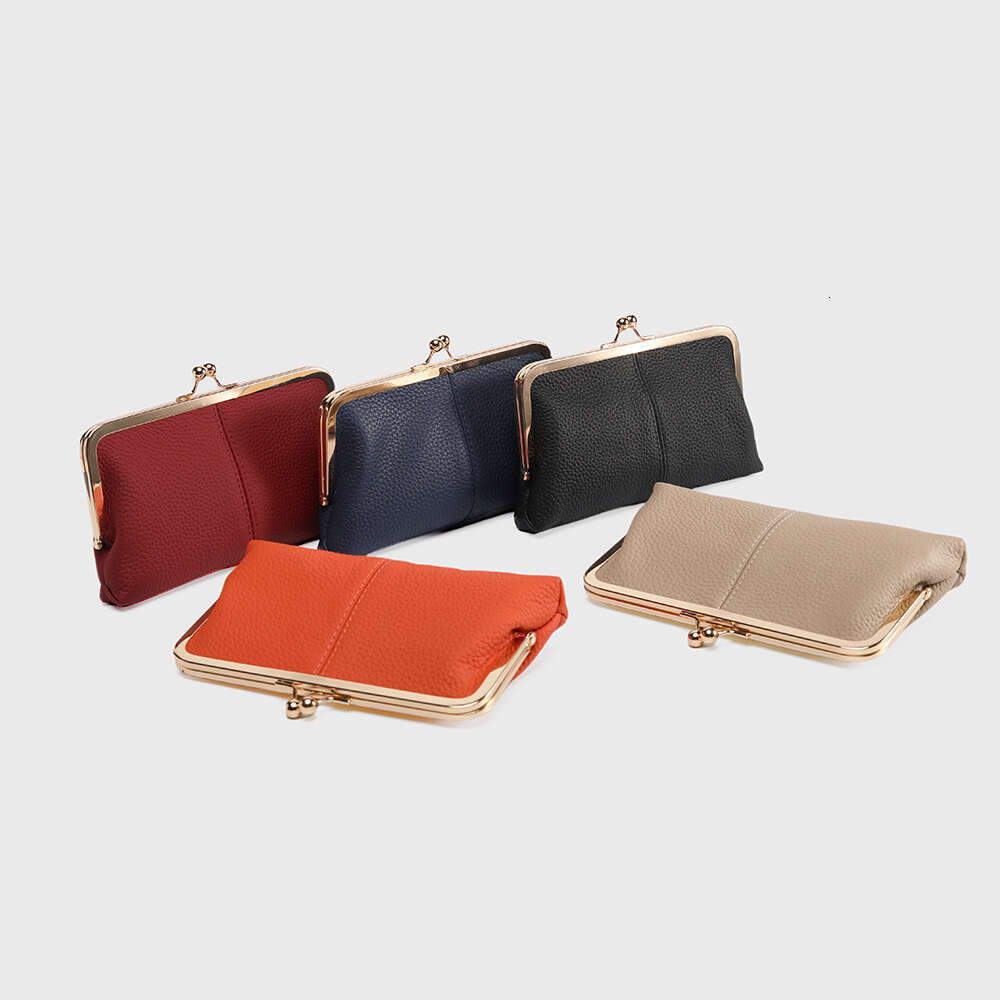 New Genuine Leather Long Clutch Simple Fashion Clip First Layer Cowhide Wallet Gold Frame Storage Bag Large Capacity