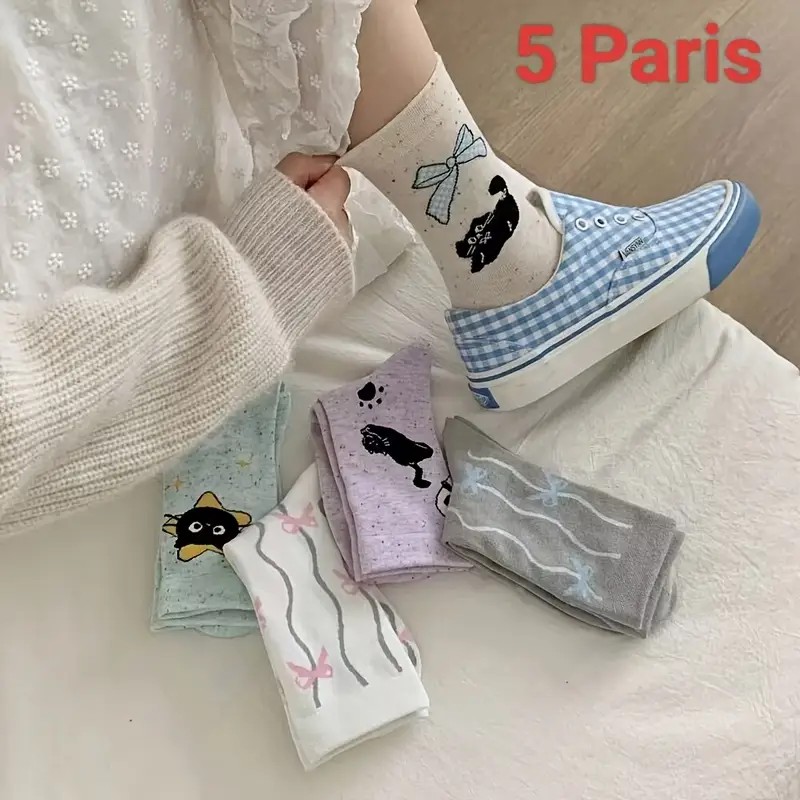 Women's Mid-Calf Socks - Adorable Cat & Bowknot Design, Soft Pastel Color Palette, Fun Cartoon Patterns, Suitable for Casual & Formal Wear, Soft 