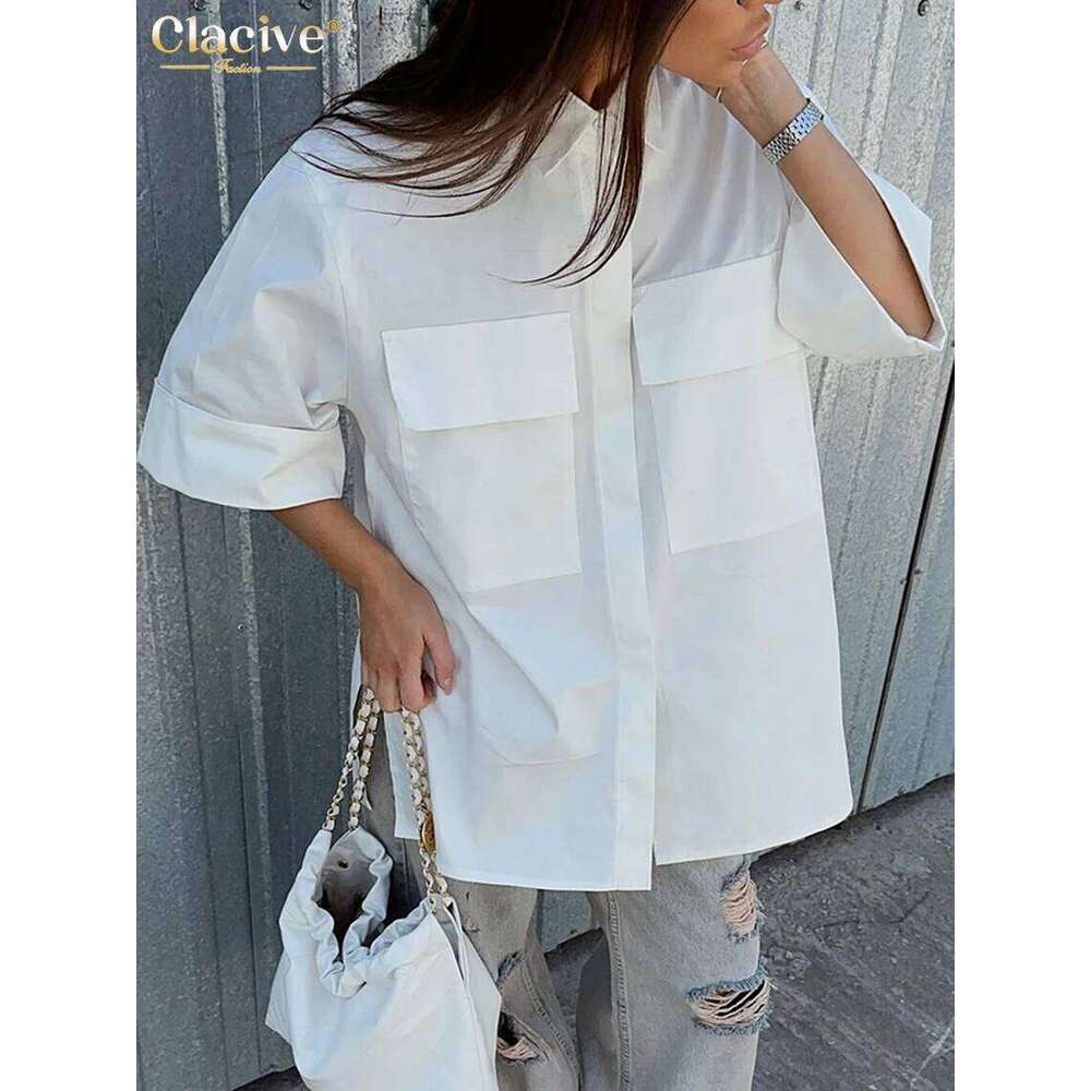 Clacive Fashion Loose White Cotton Women's Blouse Casual Lapel Short Sleeve Shirts Elegant Classic Pockets Tops Female Clothing