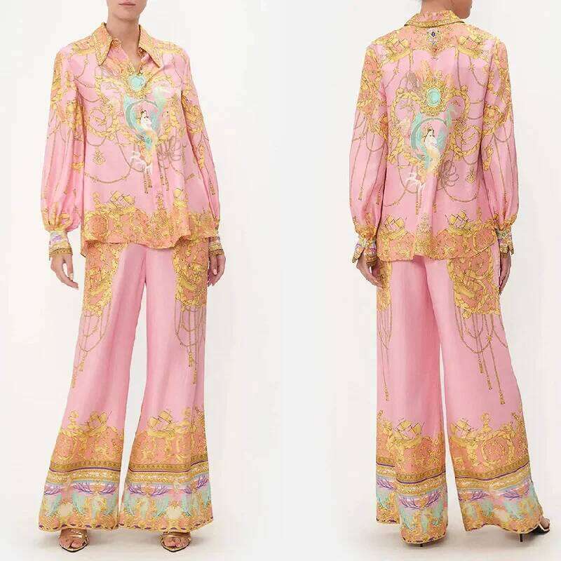 New Europe And The United States Leisure Long-Sleeved Pink Printed Shirt Trousers Two Sets Of Women