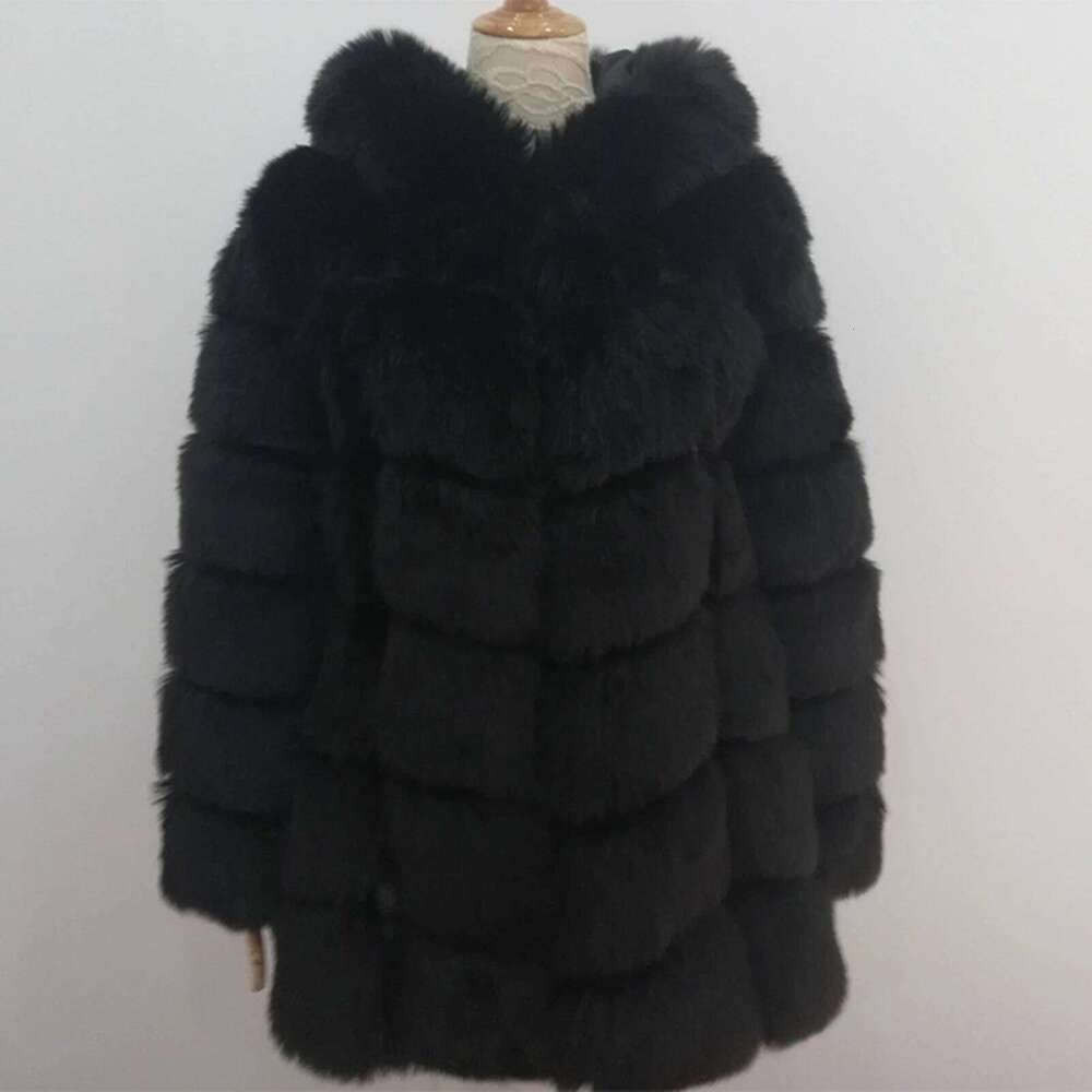 Women's Winter Artifical Fox Overcoat Long Sleeves Faux Fur Coat Jacket With Hooded