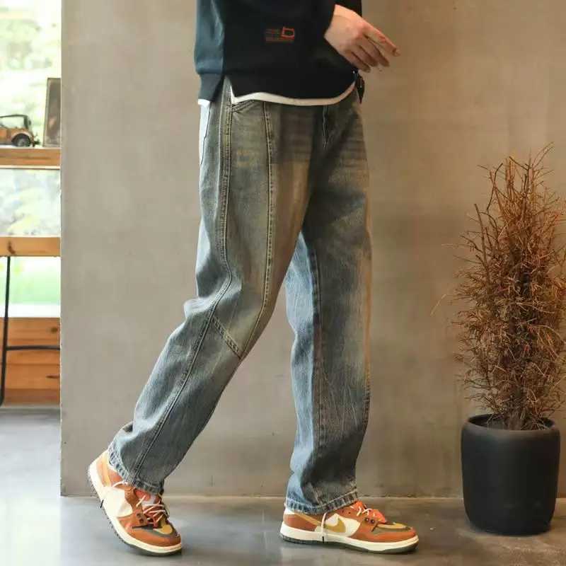Fashion 2025 Mens Autumn Retro Design Patchwork Loose Fit Denim Jeans Heavy Washed Casual Drop Crotch Wide Leg Harem Pants M250610