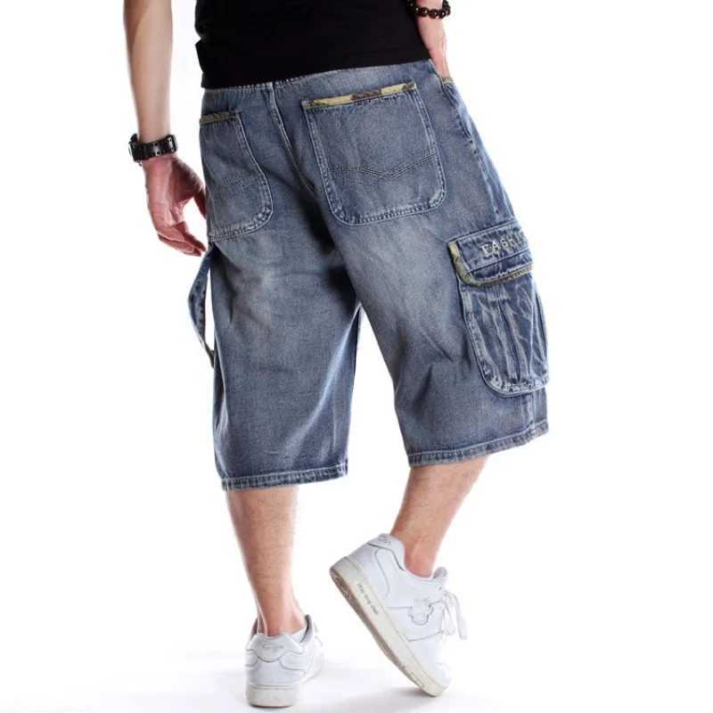 Multi-pocket European and American skateboarding pants with fat and plus size hip-hop denim shorts for men trendy cropped pants M250610