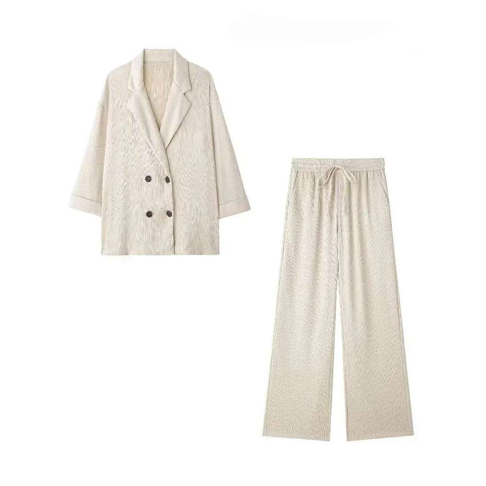 Commuter Suit 2-Piece Retro Wrinkle Effect Double-Breasted Blazer + High-Waisted Women's Casual Lace-Up Trousers