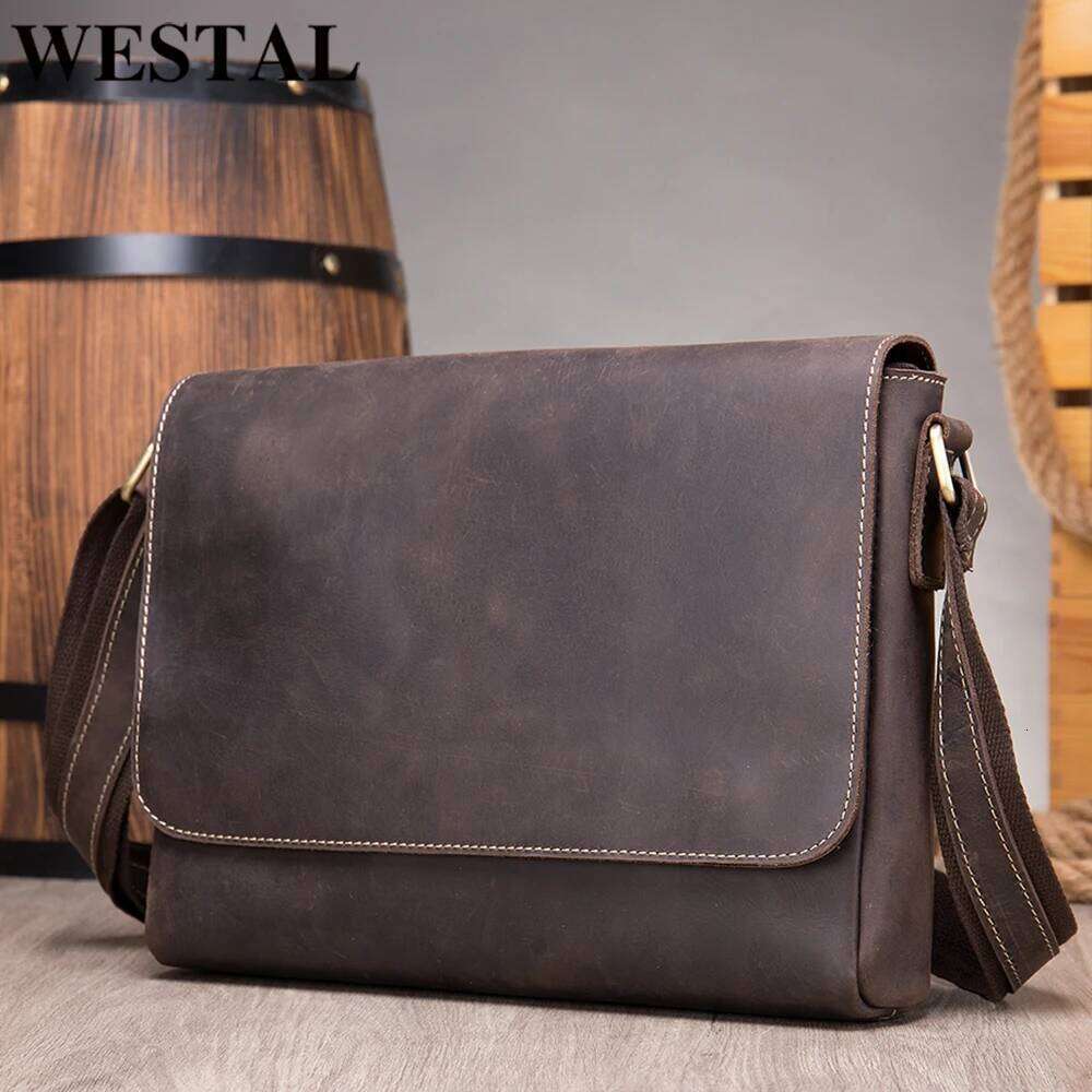 WESTAL 13Inch Computer Crazy Horse Leather Men's Briefcases Laptop Bag Office For Men Cover Shoulder Messenger Bags