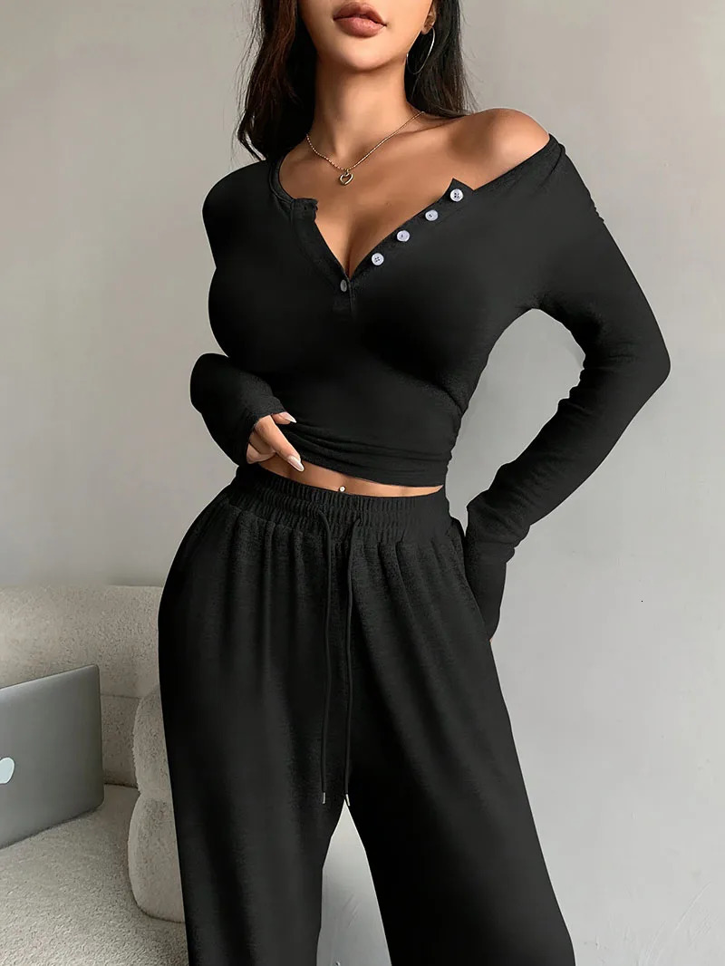Women Two Piece Sets Sexy V-neck Long Sleeve Shirts Loose High Waist Wide Leg Pant Sets Lady Running Tracksuits 250609