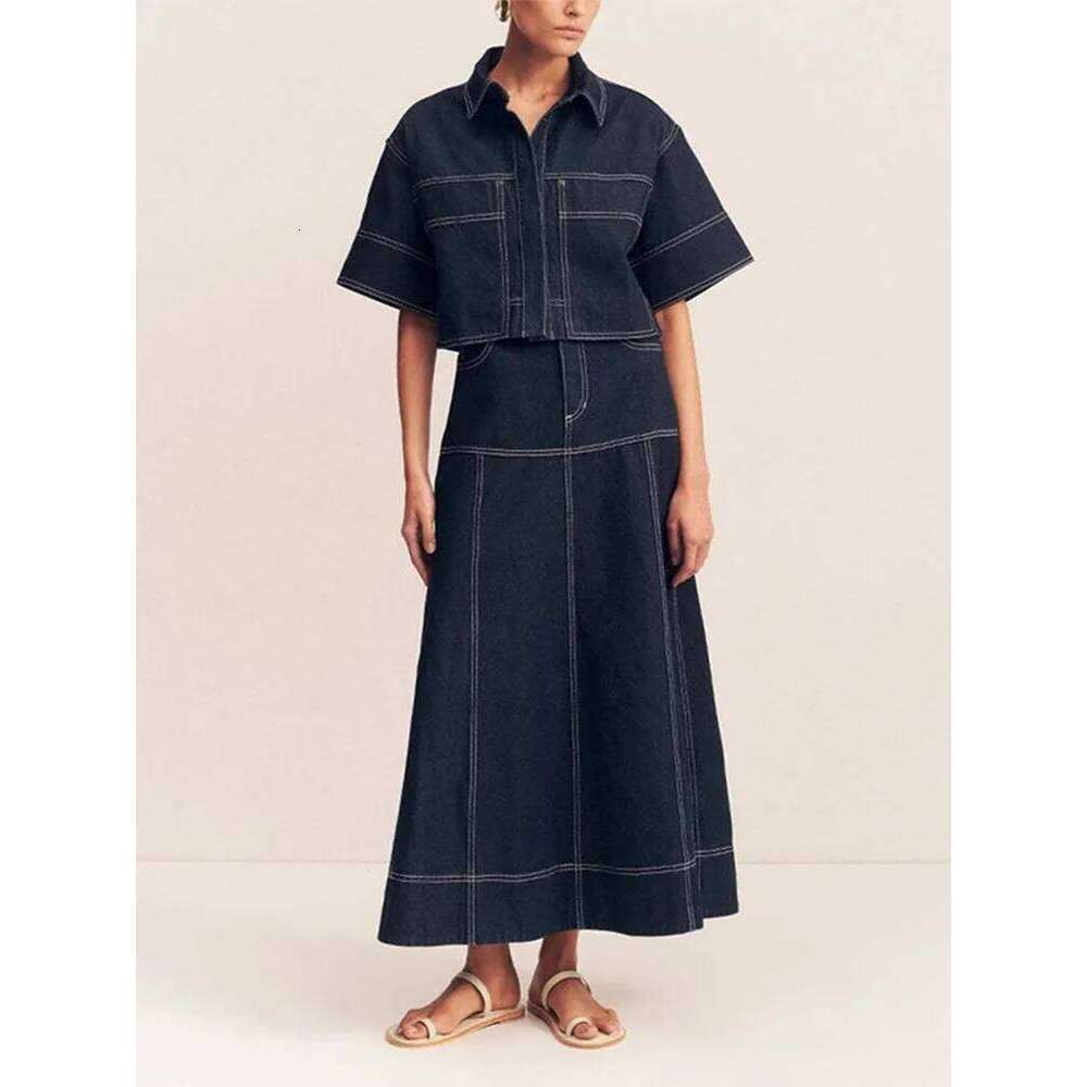 Trendy Women's Contrast Ing Denim Set Short-Sleeve Crop Top Matching High Waist Maxi Skirt Summer Casual Outfits