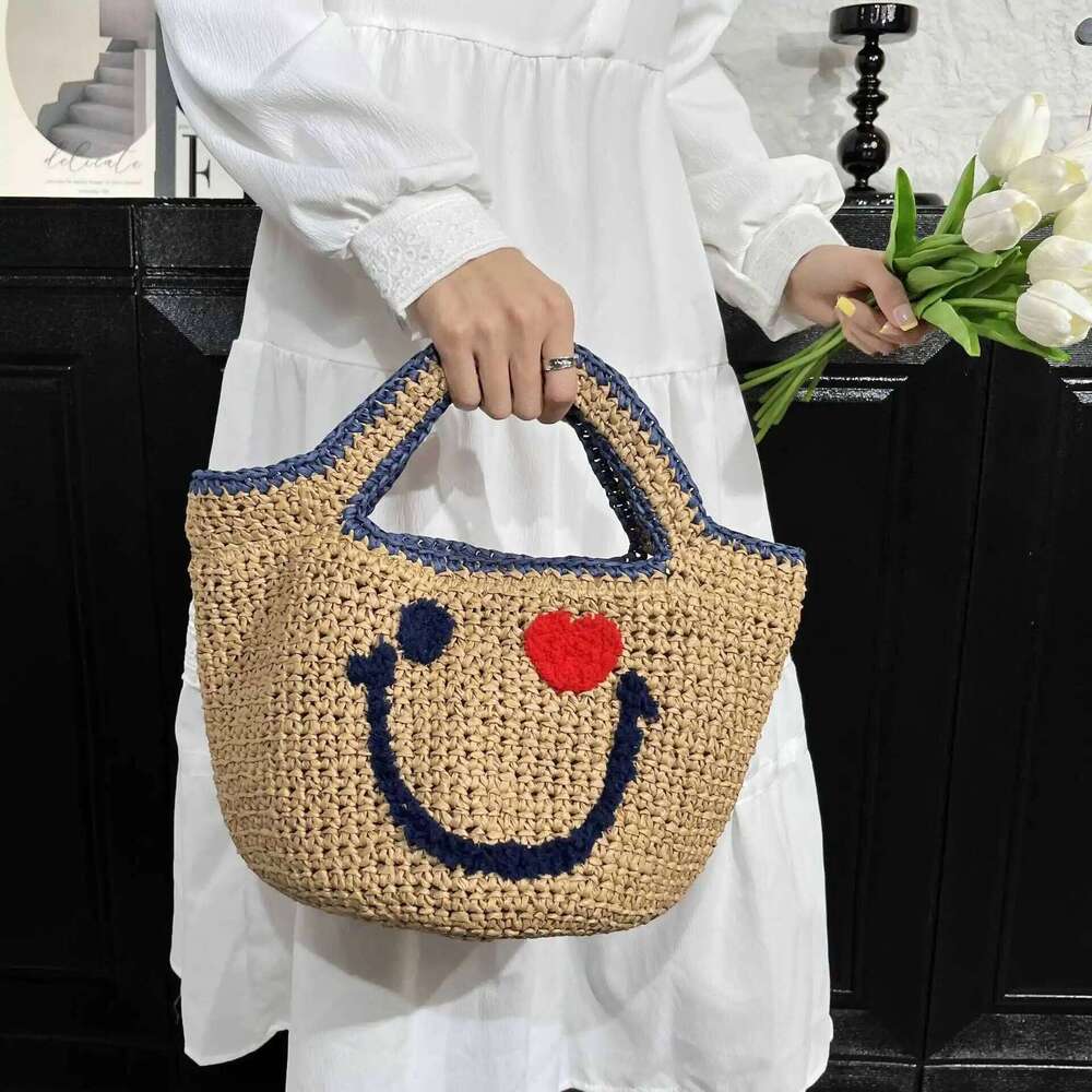 New Arrival Straw Woven Handbag Cute Smiling Face Bucket Knitted Bag Summer Beach Top-Handle Totes Ladies Travel Shopping Purse
