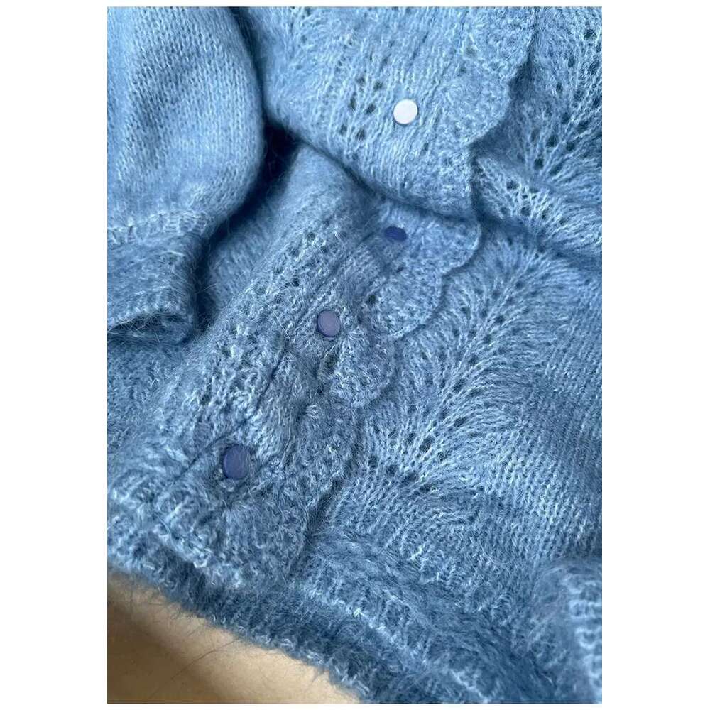 Haze Blue Mohair Cardigan Autumn and Winter Crochet V-Neck Hollow Puff Sleeve Sweater Women