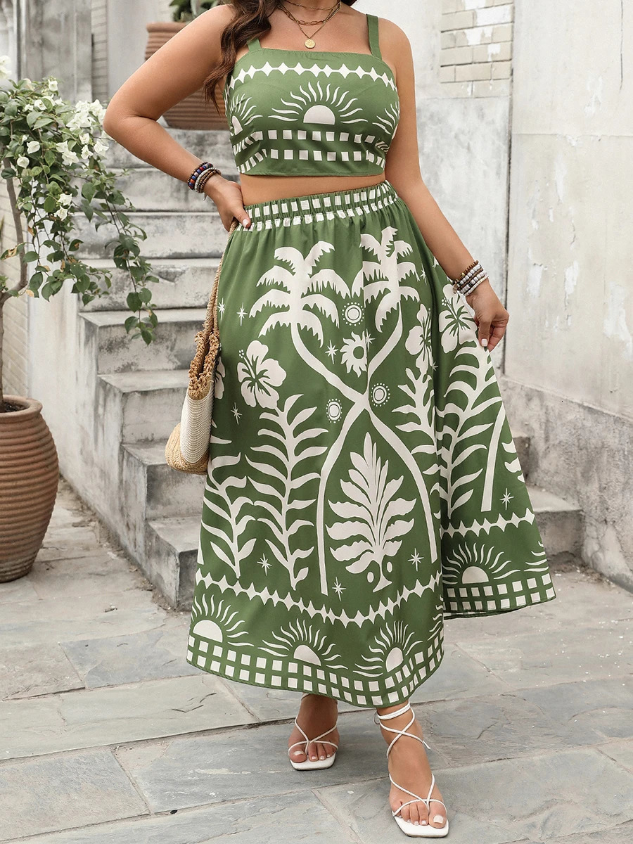 2025 Summer Womens 2 Piece Plus Size Outfits Sleeveless Boho Pattern Print Cami Tops Long Flowy Skirt Plus Size Sets 250609