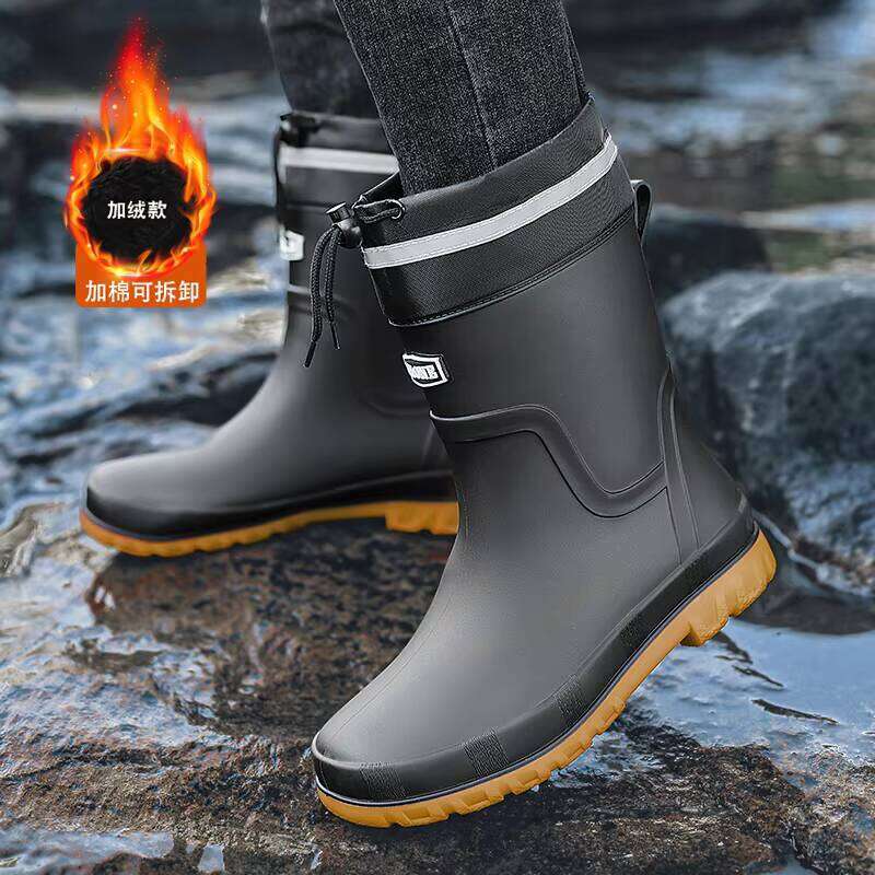 Wholesale Rain PVC Material High-top Waterproof Men Boots With Fleece Lining