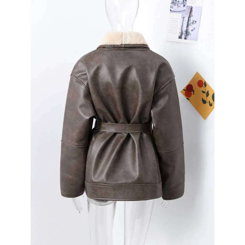 Vintage Women's Faux Wool Leather Coat with Belt Loose Lapel Pocket Long Sleeve Female Overcoat Autumn Winter Lady Warm Coats