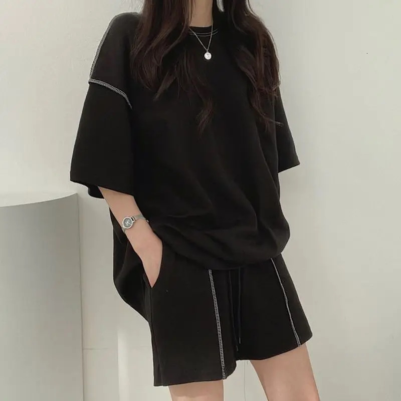 Woman Tracksuits Cotton Comfortable Solid Splicing Casual Sports Suits Summer 2025 Fashion Loose 2 Pieces Sets Sportswear 250609