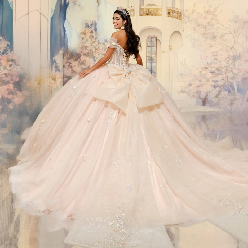 Beige Shiny Quinceanera Dresses Ball Gown Off The Shoulder Applique Flower Beading Tull Sweet 16 Dress Vestidos 15 De Anos