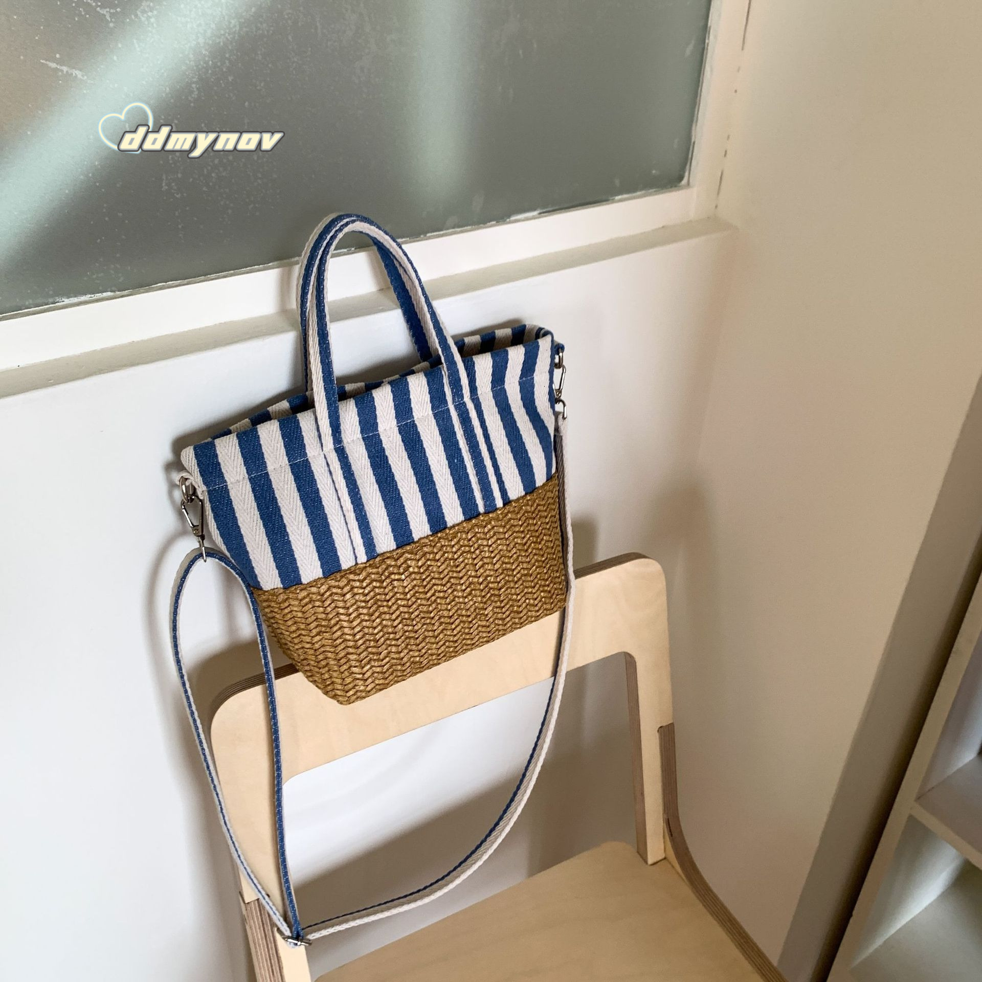Niche Plaid Woven Canvas Fashion Tote Large Capacity Patchwork Casual Shoulder Crossbody Bag ddmynov