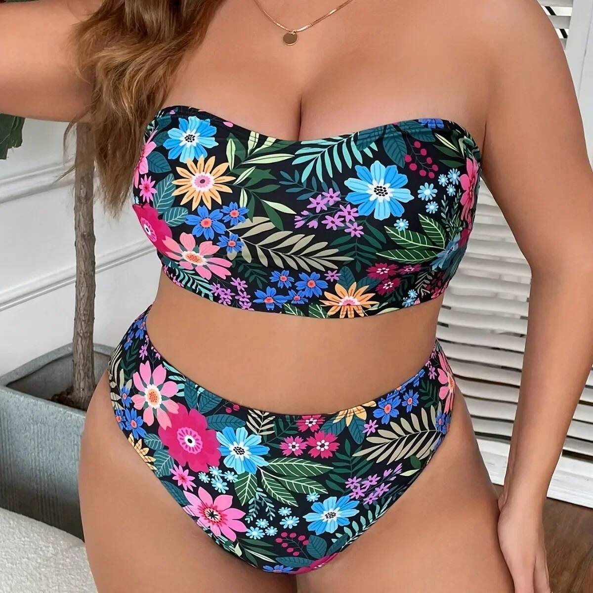 Sexy Strapless Bikini Set Women Swimsuit Print Puch Up Biquini Big Plus Size Swimwear Bandage Female Bathing Suit Beachwear 5XL