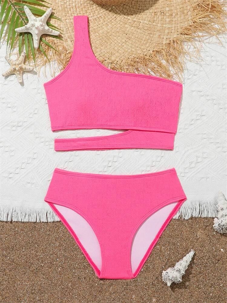 Girls' Swimsuit Bikini 2025 New Solid One Shoulder Bikinis Set Children Swimwear Summer High Waist Kids Beach Wear Bathing Suit