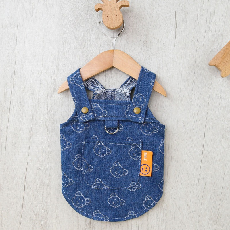 Denim Dog Harness Dresses for Small Dogs Puppy Girl Clothes with Cute Little bear, Heart-shaped Print Summer Cat Apparel with D-Ring Blue Boy Girl Dog