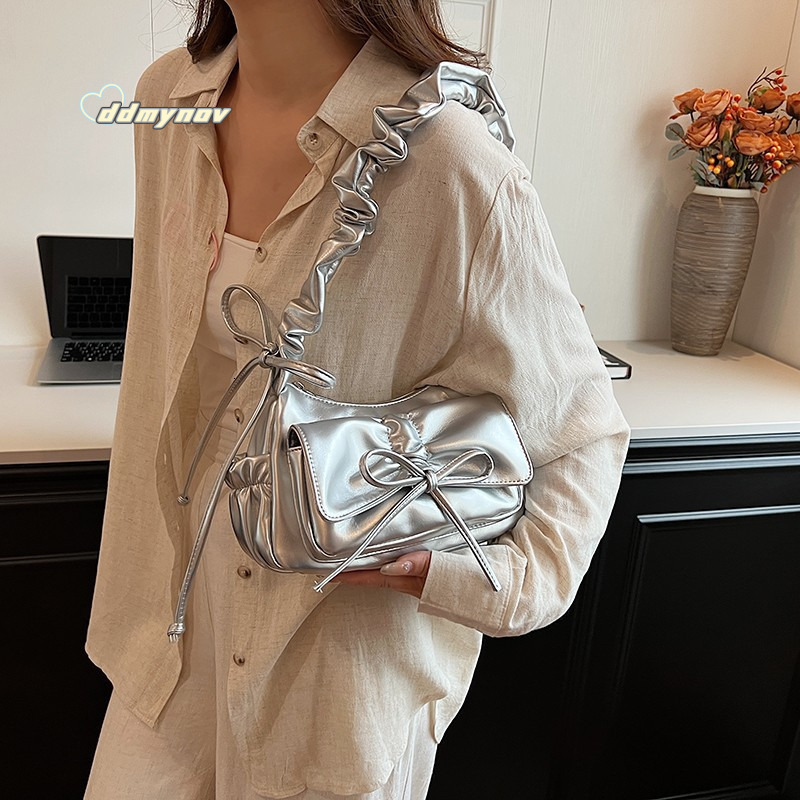 Trendy Sweet Bowknot Pleated Handbag Underarm for Women 2025 Summer New Fashion Single Shoulder Tote Bag ddmynov