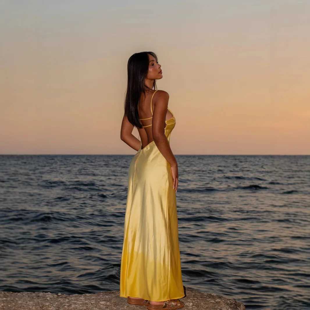Women Solid Satin Sexy Long Dress V Neck Elegant Yellow Bodycon Backless Spaghetti Strap Dresses Lady 2025 Vocation Party Gowns XJ250610