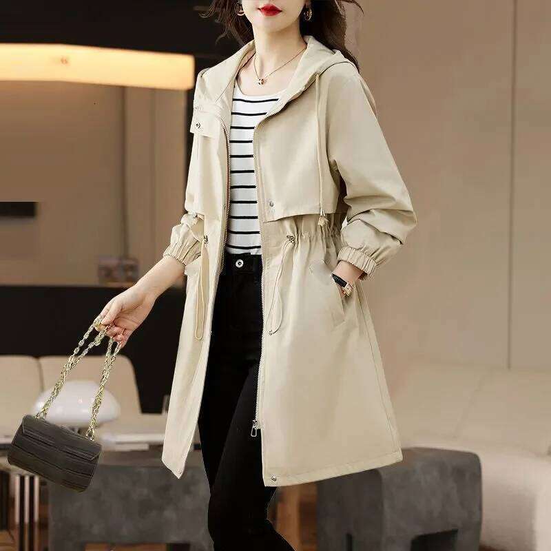 2025 Spring Autumn New Korean Women Hooded Trench Coat Fashion Mid-Length Outerwear Female Slim Windbreaker Ladies Overcoat B816