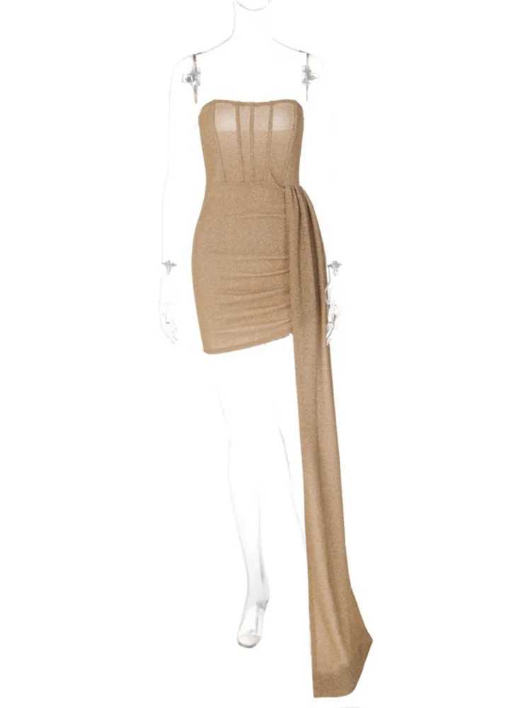 Mozision Elegant Strapless Lace-up Mini Dress For Women Robe 2023 New Off-shoulder Sleeveless Ruched Party Short Dress Vestido XJ250610