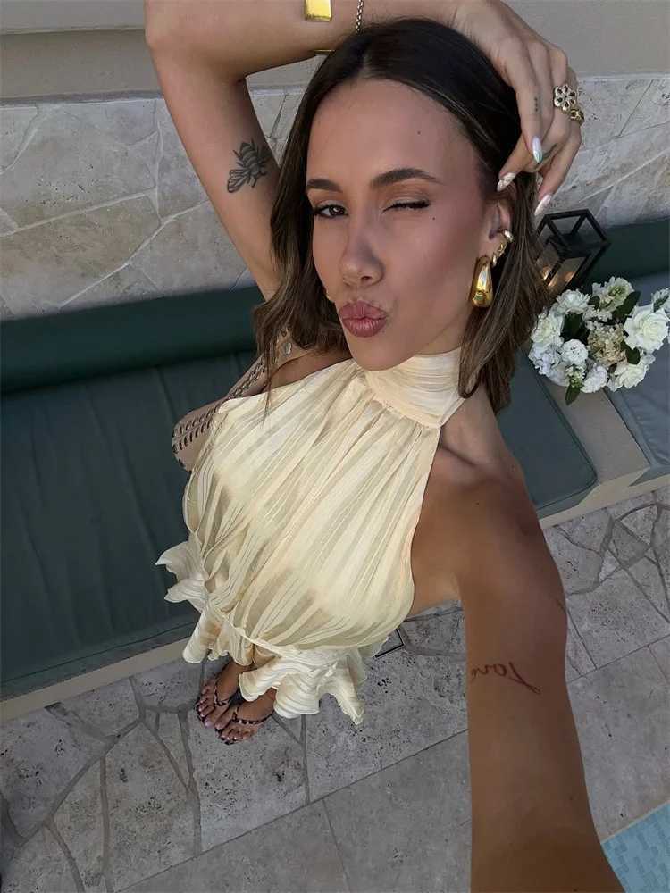 Halter Ruffle Mini Dress Women Sexy Sleeveless Backless Lace Up Party Dresses 2025 Summer Beach Fashion Vacation Lady Short Robe XJ250610