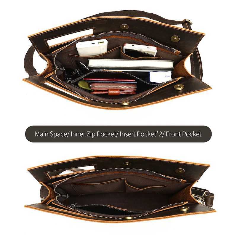 Mens Office Bag Briefcase with 11 inch Laptop Waterproof Fabric Retro Genuine Leather Handbag Crossbody Bag Chest Bag W250610