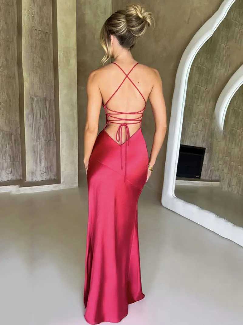 Summer new fashionable womens sexy V-neck camisole slit mid length dress satin elegant backless dance party evening dress XJ250610