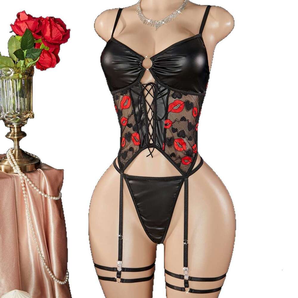 Spell Lingerie Porn Suits Patent Leather Lace Embroidery Patchwork Sexy Lingerie Temptation Binding Passion Flirting Set Sexy Lingerie