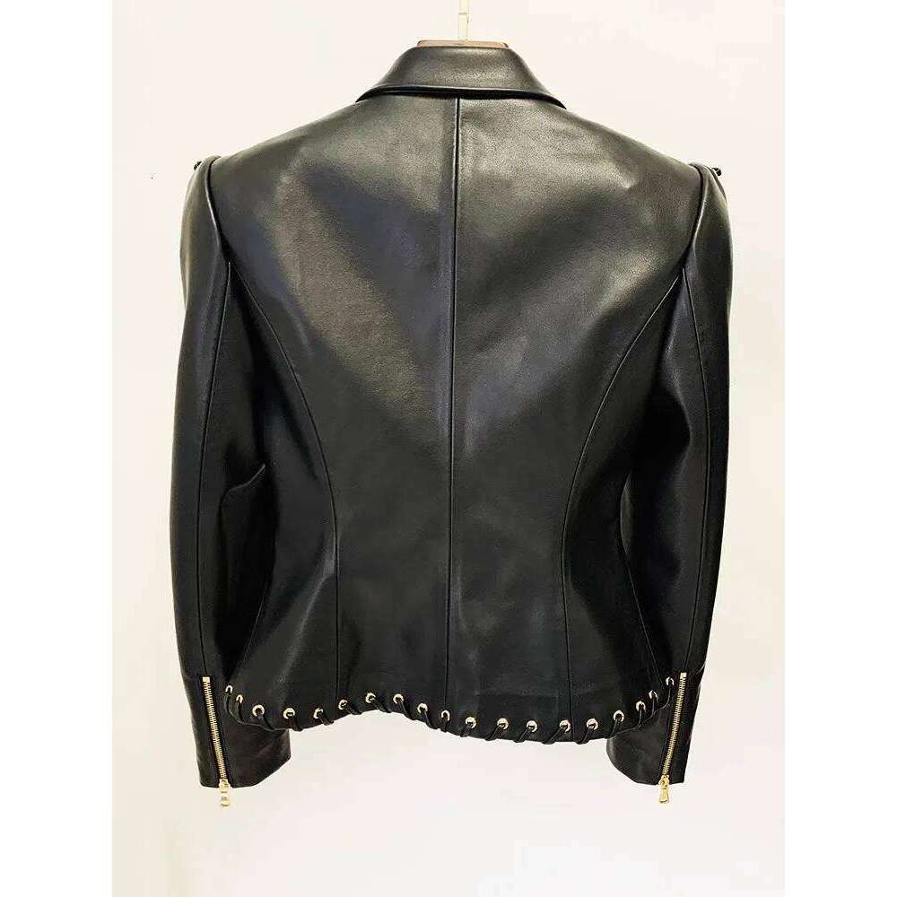 Lautaro Spring Autumn Short Black Fitted Pu Leather Blazer Jacket Women Long Sleeve Elegant Designer Lace Up Clothes