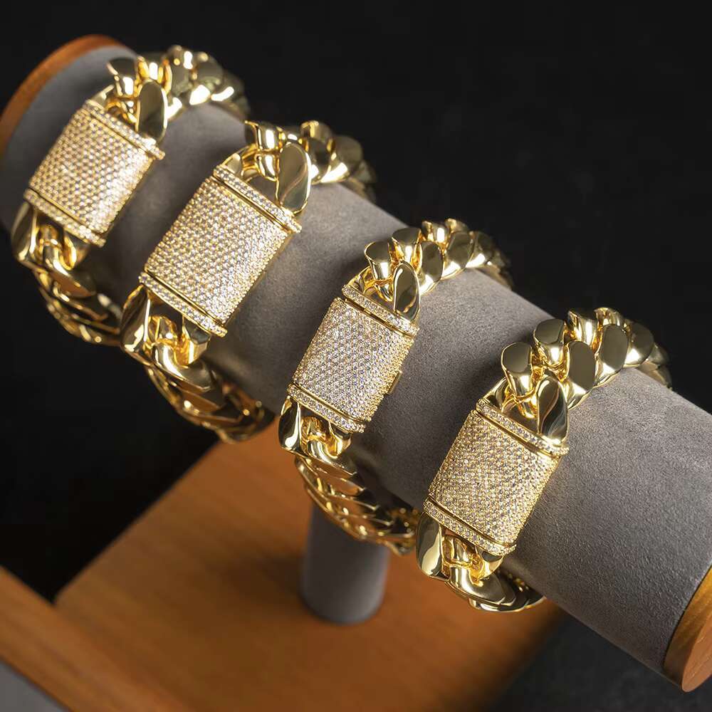 925 Sterling Silver Mens Double Sided Cuban Link Chain Gold Miami Cuban Chain with VVS Moissanite Bracelets Bangles