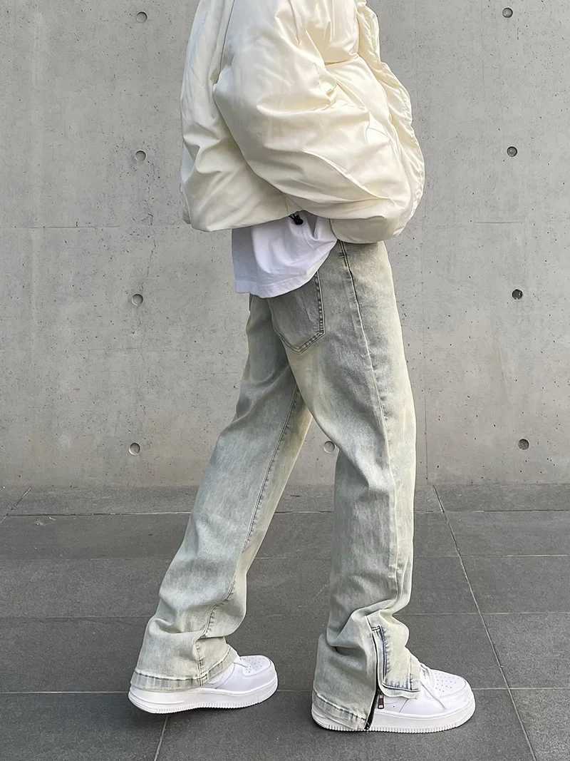 Vintage Wash Distressed Mens Jeans Straight Leg Side Slit Zippered Baggy Pants American Style High Street Casual Wear M250610