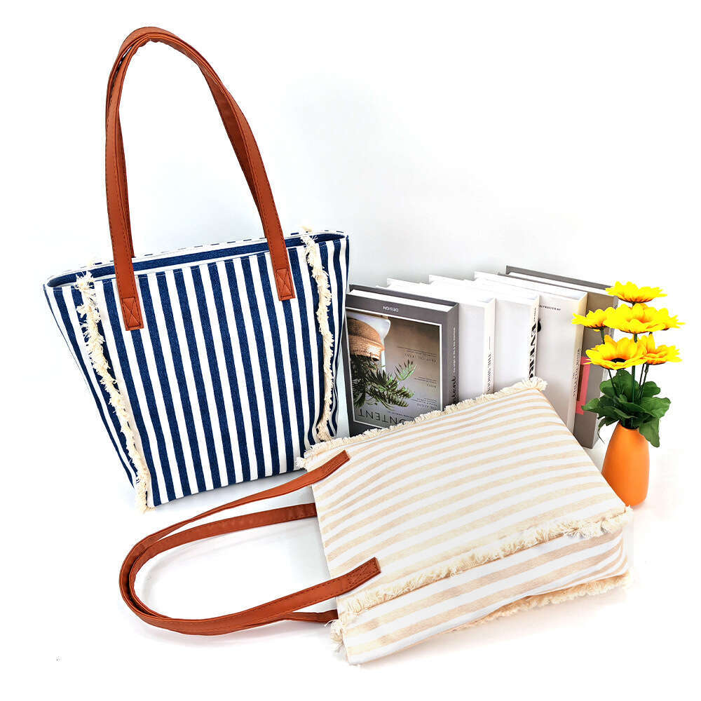 2024 Casual Style Beach Single Canvas Classic Striped Shoulder Large Capacity Shopping Bag