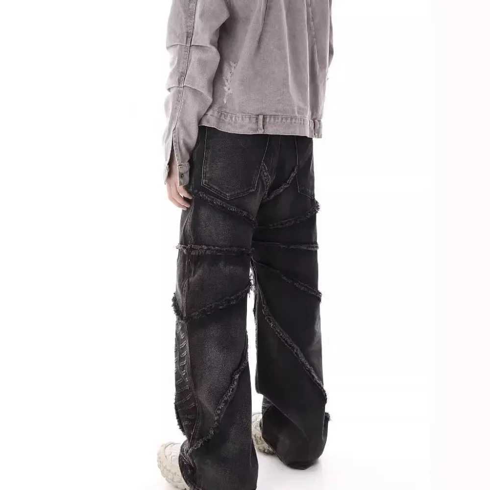 High Street Fringe Cotton Jeans Straight Leg Loose Fit Black Hip Hop Cotton Knit Fabric Distressed Washing Shorts For Men M250610