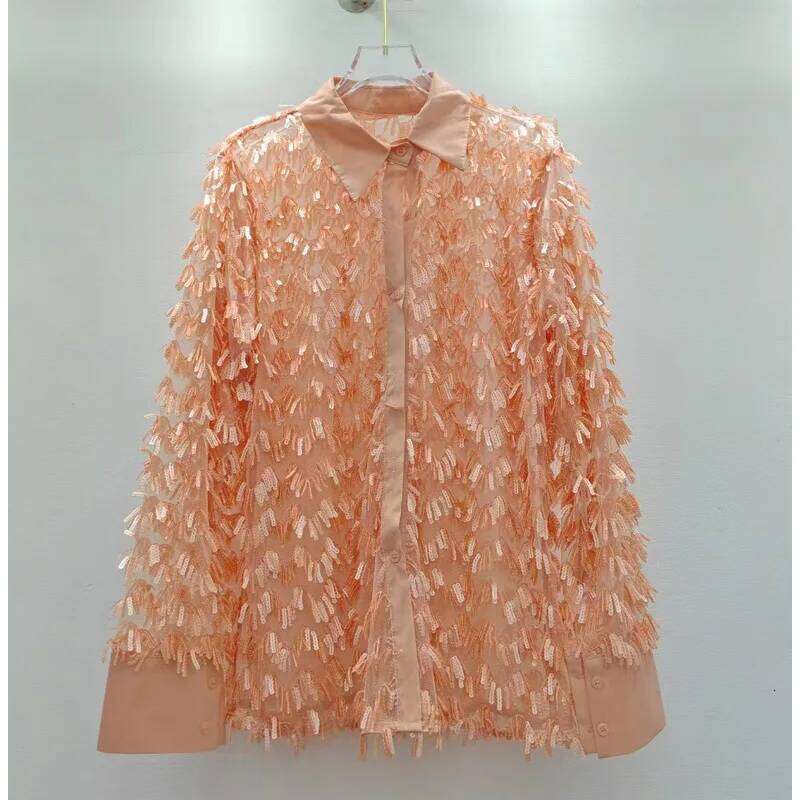 DEAT Women Shirt Loose Patchwork Sequins Single Breasted Sunscreen Perspective Thin Style Blouse Summer 2025 New Fashion 29A1147